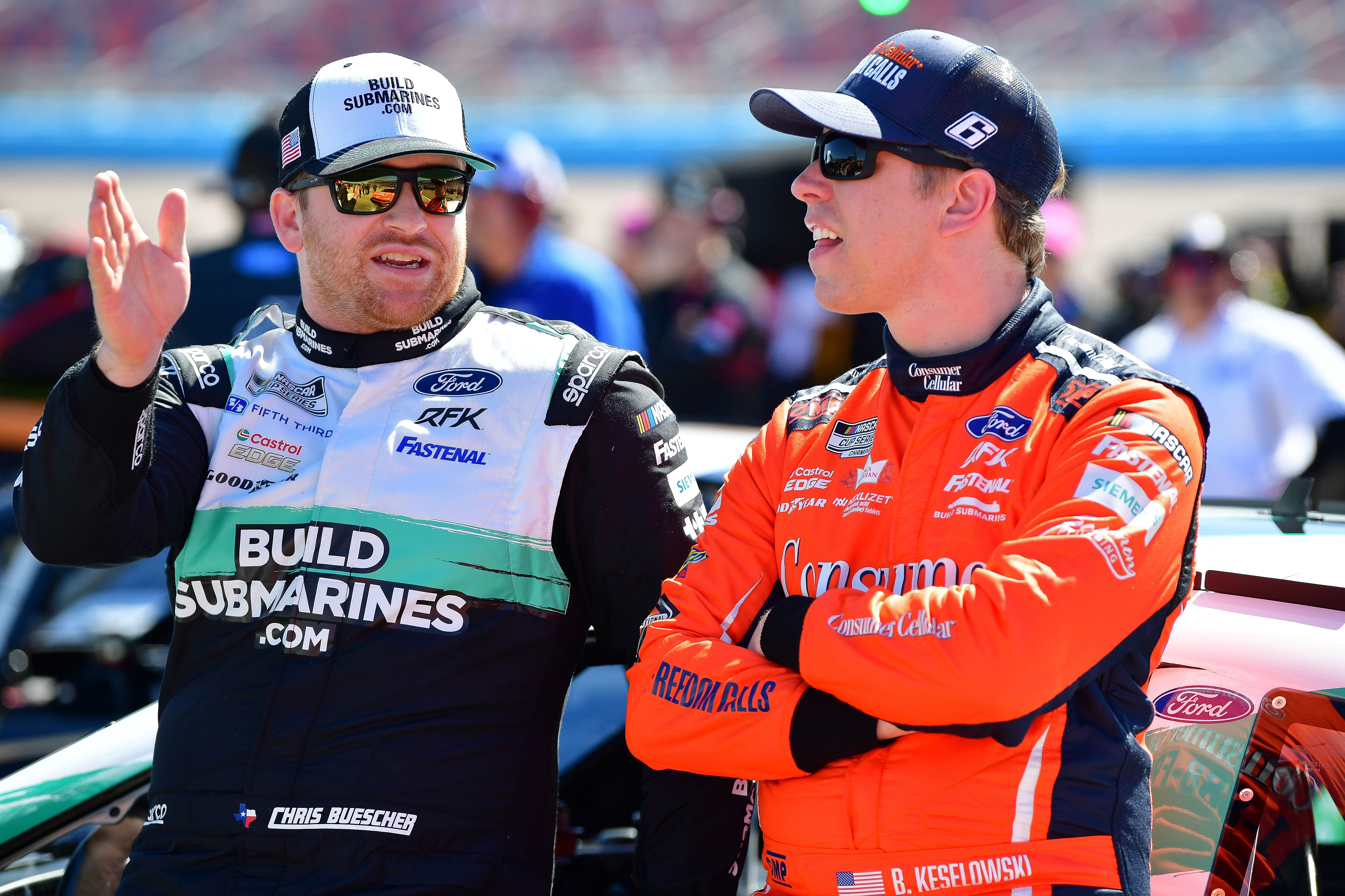 Chris Buescher (left) chatting with Brad Keselowski (right) at Phoenix Raceway - Source: Imagn